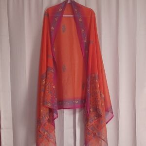 Large Floral Shawl Semi-Sheer Orange Fuscia Blue 42×88